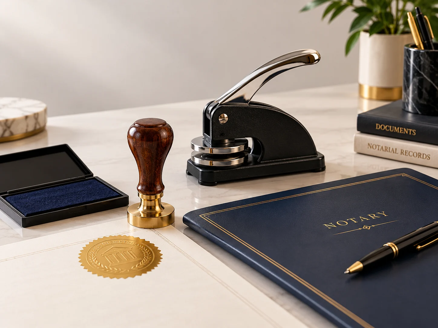 Professional notary workspace with seal embosser, stamp, and documents.
